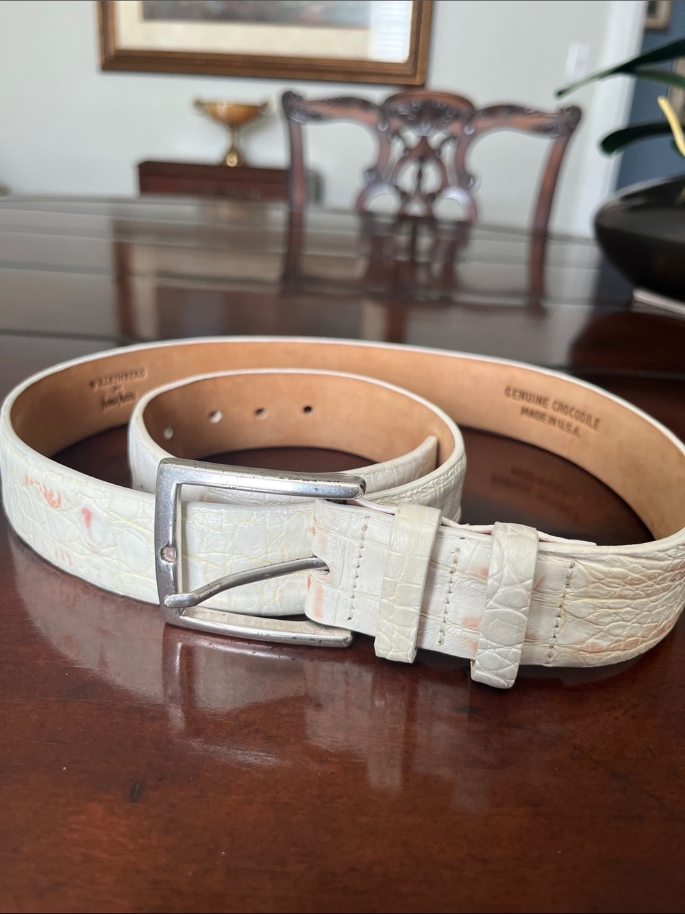 W. Kleinberg Crocodile-Embossed White Leather Belt with Silver Buckle